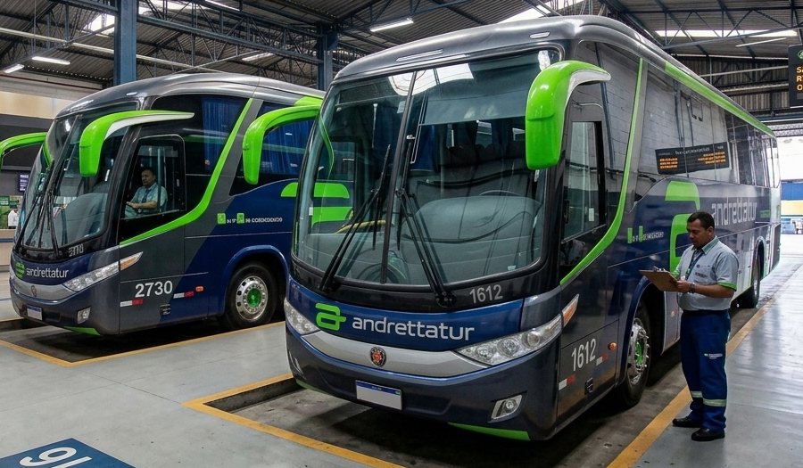 Ônibus executivos Andrettatur na garagem, prontos para a viagem